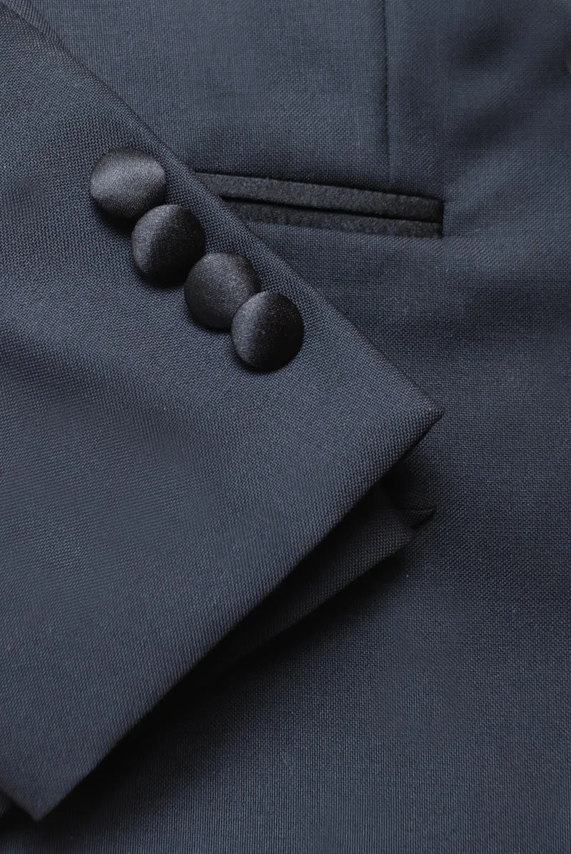 FINAL SALE: 2020 Version BKT50 Peak Lapel Tuxedo Jacket in Super 110s - Black with Satin Lapel