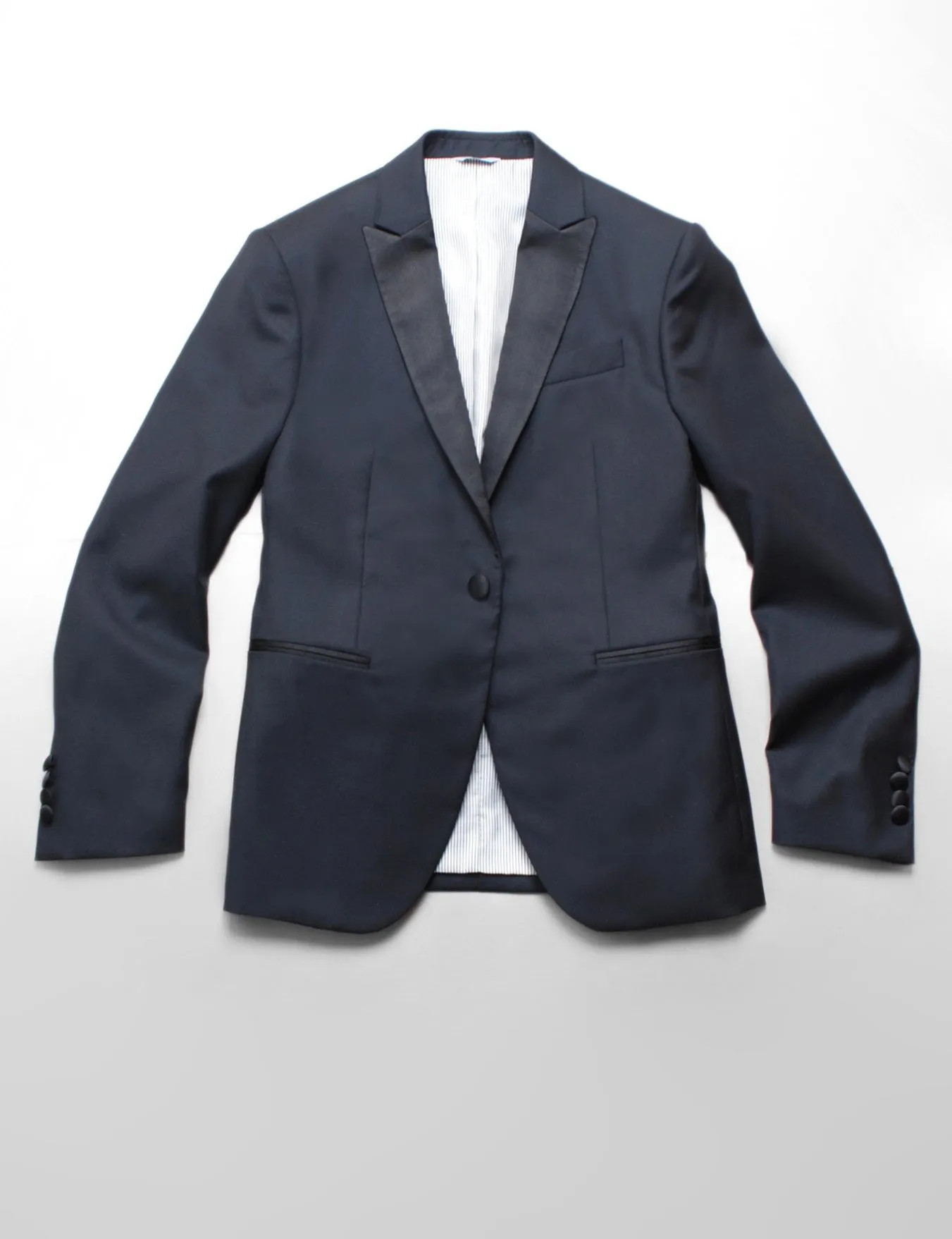 FINAL SALE: 2020 Version BKT50 Peak Lapel Tuxedo Jacket in Super 110s - Black with Satin Lapel