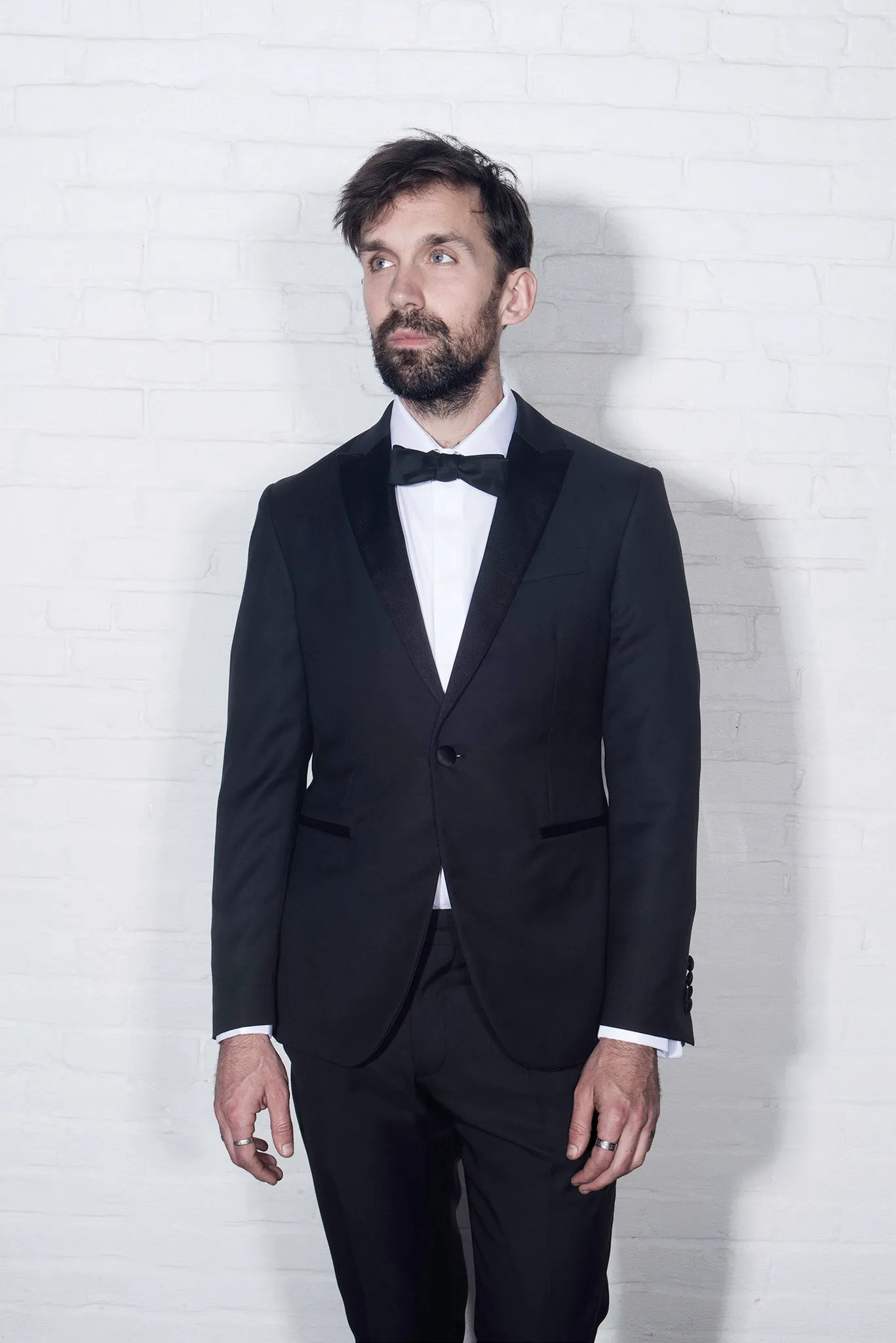 FINAL SALE: 2020 Version BKT50 Peak Lapel Tuxedo Jacket in Super 110s - Black with Satin Lapel