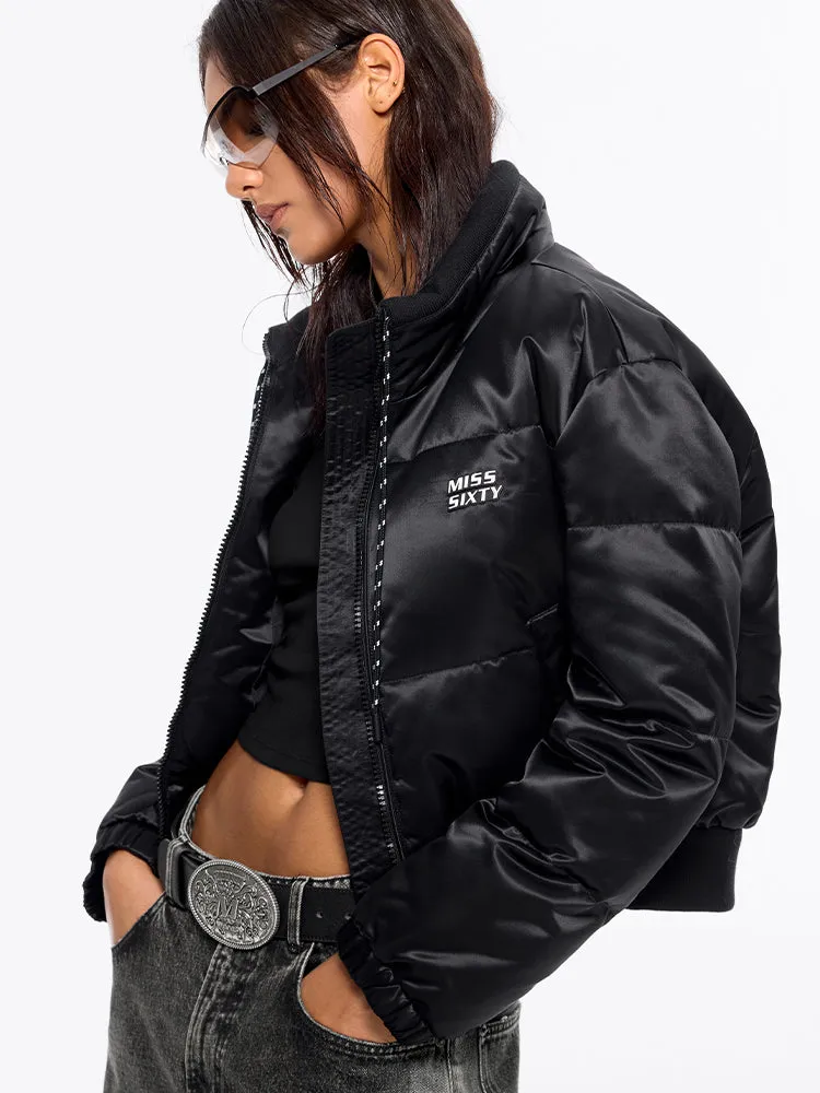 Flannel Neck Drawstring Puffy Jacket
