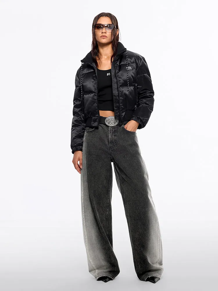 Flannel Neck Drawstring Puffy Jacket