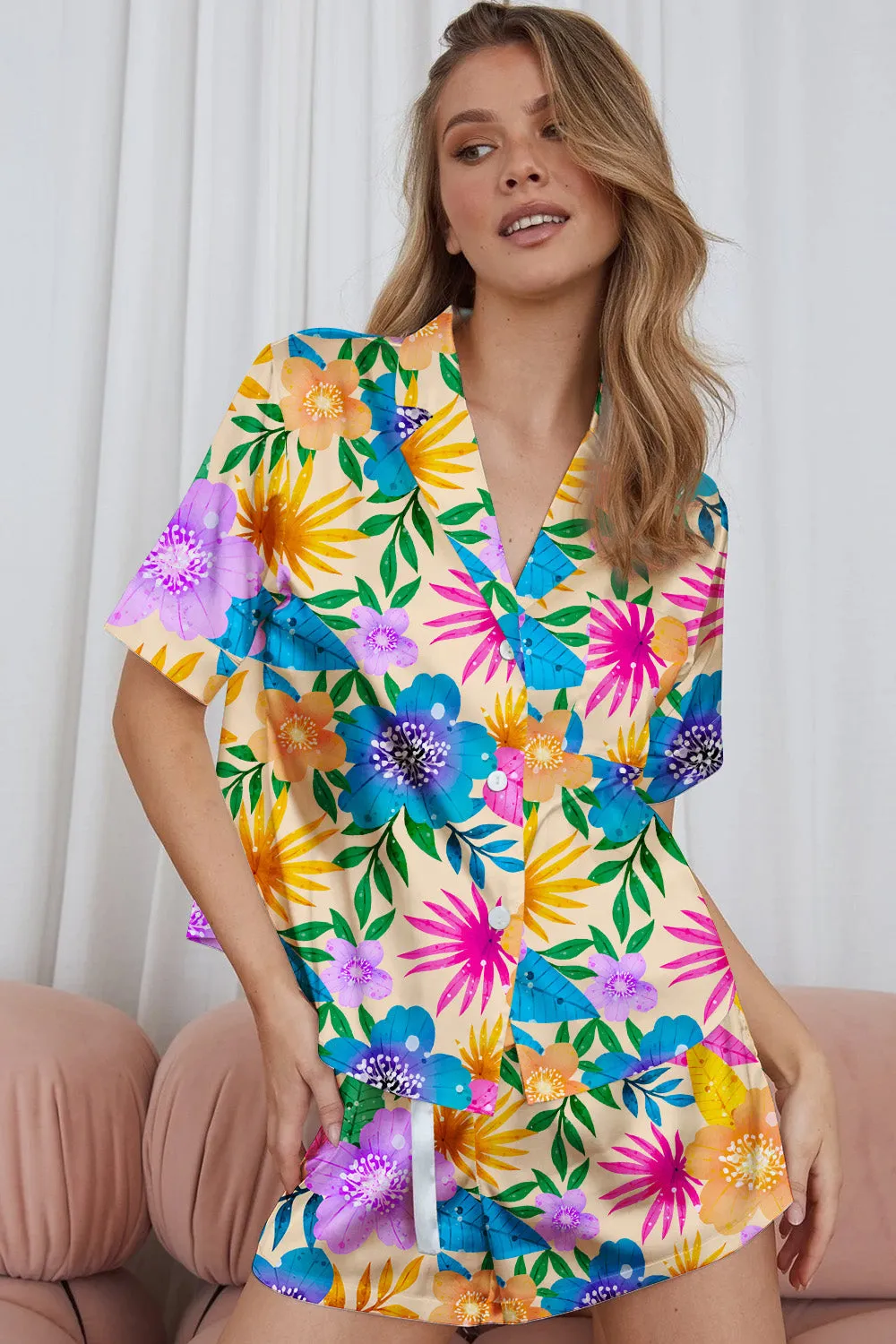 Floral Fiesta – Multicolor Tropical Flower Print Satin Pajama Set