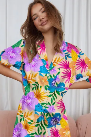 Floral Fiesta – Multicolor Tropical Flower Print Satin Pajama Set