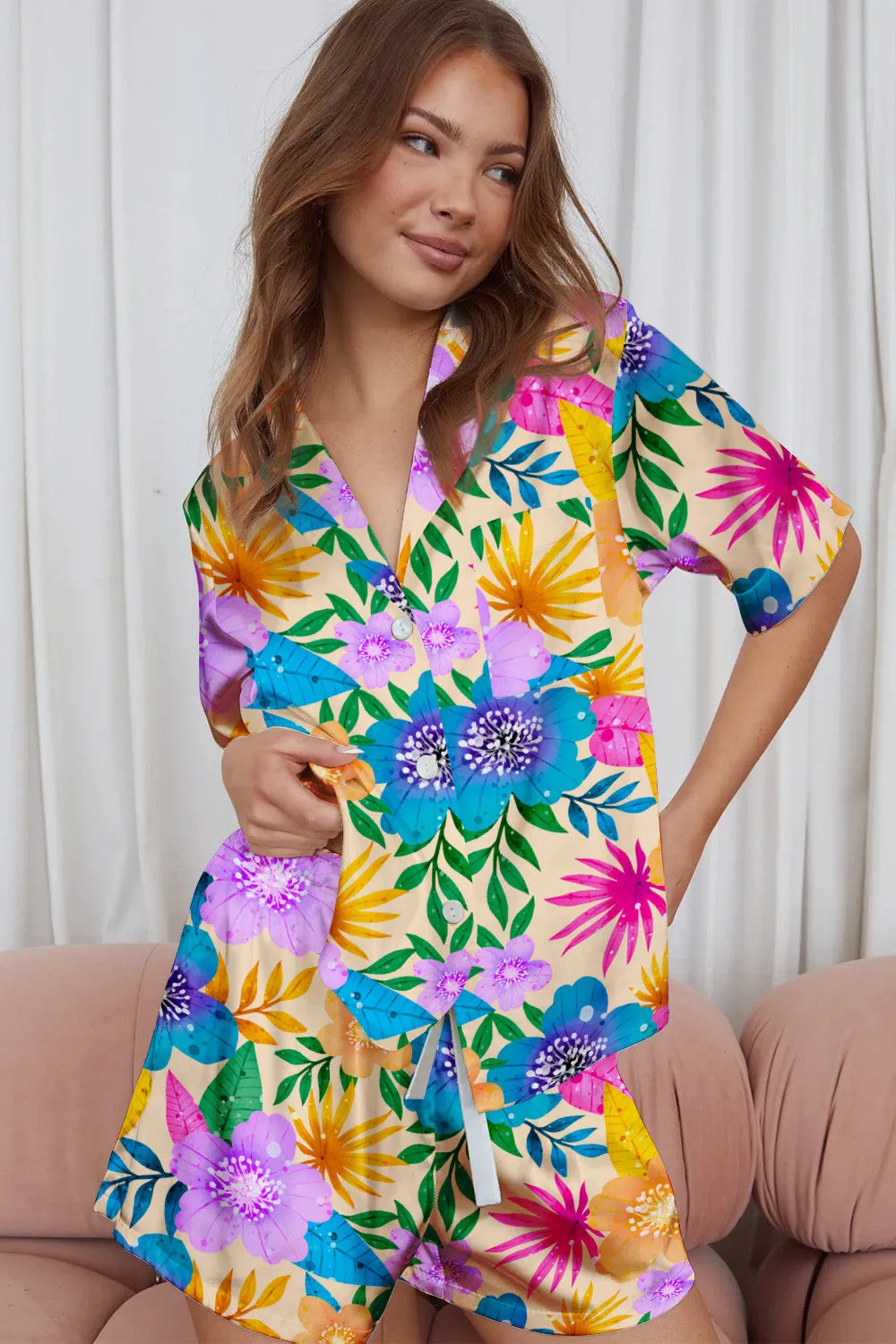 Floral Fiesta – Multicolor Tropical Flower Print Satin Pajama Set
