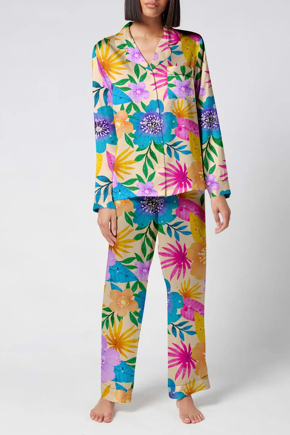 Floral Fiesta – Multicolor Tropical Flower Print Satin Pajama Set