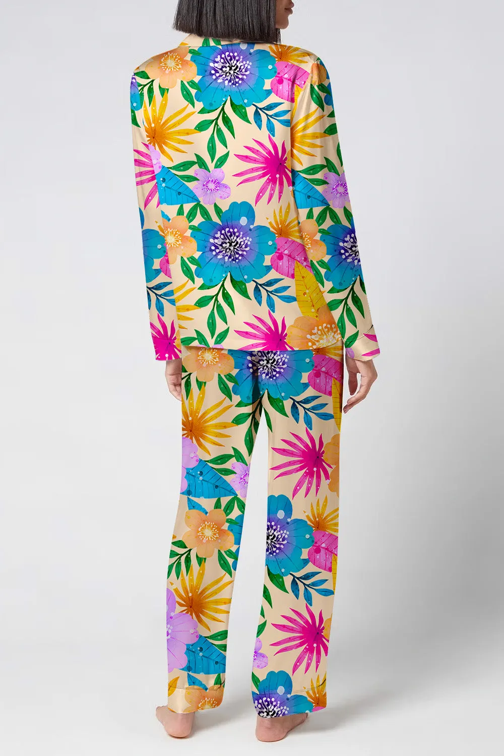 Floral Fiesta – Multicolor Tropical Flower Print Satin Pajama Set