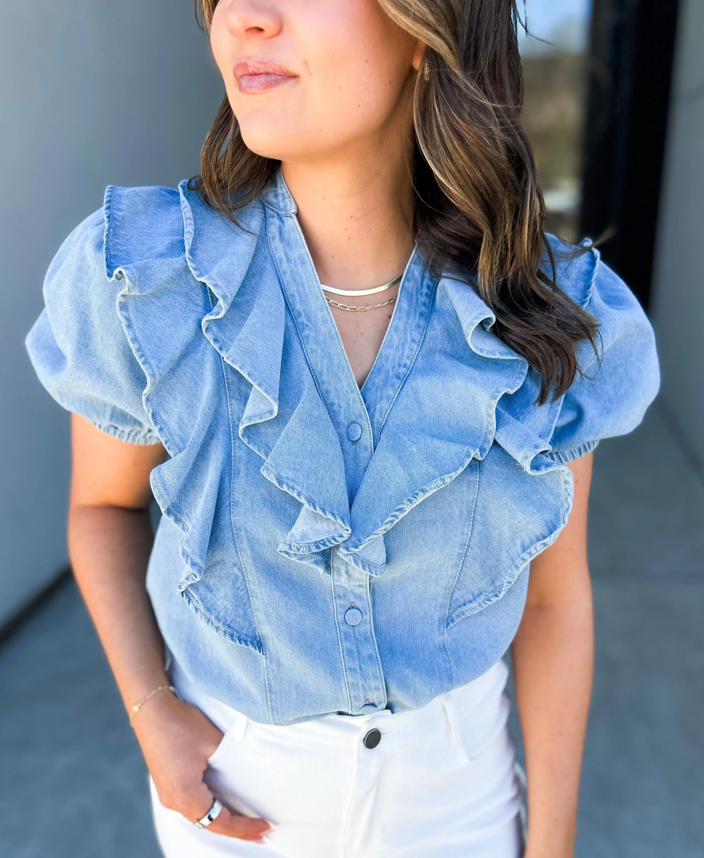 Franny Ruffle Button Down Denim Top