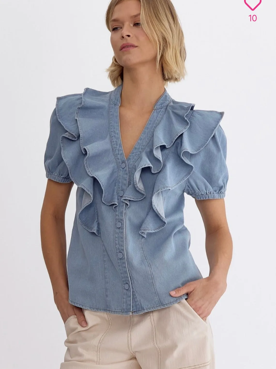 Franny Ruffle Button Down Denim Top