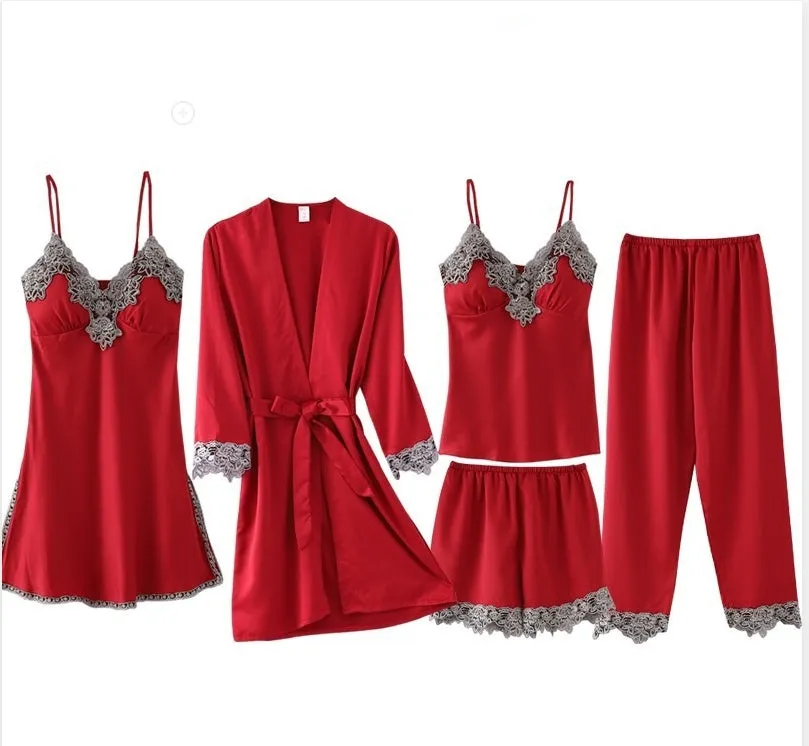 French Pajamas Spring And Summer Thin Ice Silk Nightdress Five-piece Suit