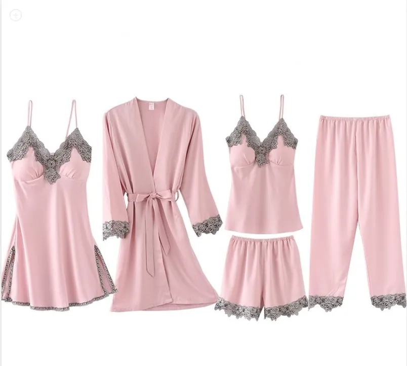 French Pajamas Spring And Summer Thin Ice Silk Nightdress Five-piece Suit