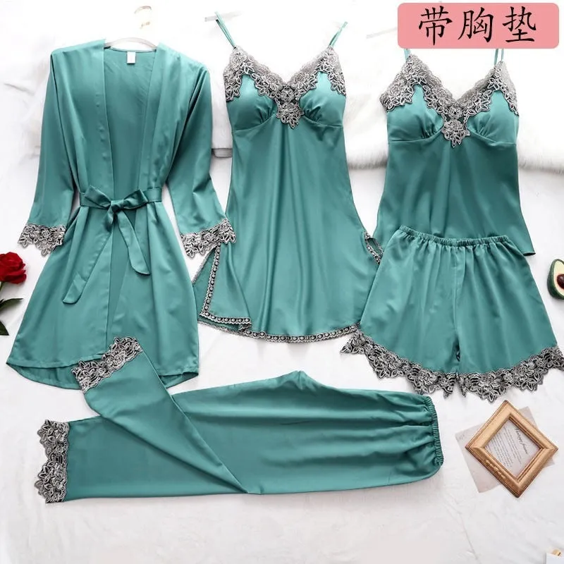 French Pajamas Spring And Summer Thin Ice Silk Nightdress Five-piece Suit