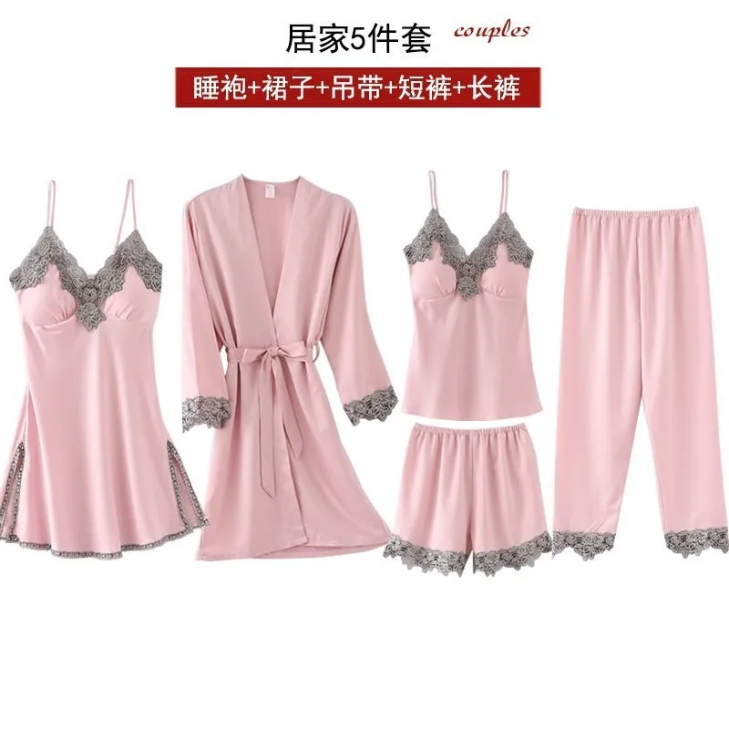 French Pajamas Spring And Summer Thin Ice Silk Nightdress Five-piece Suit