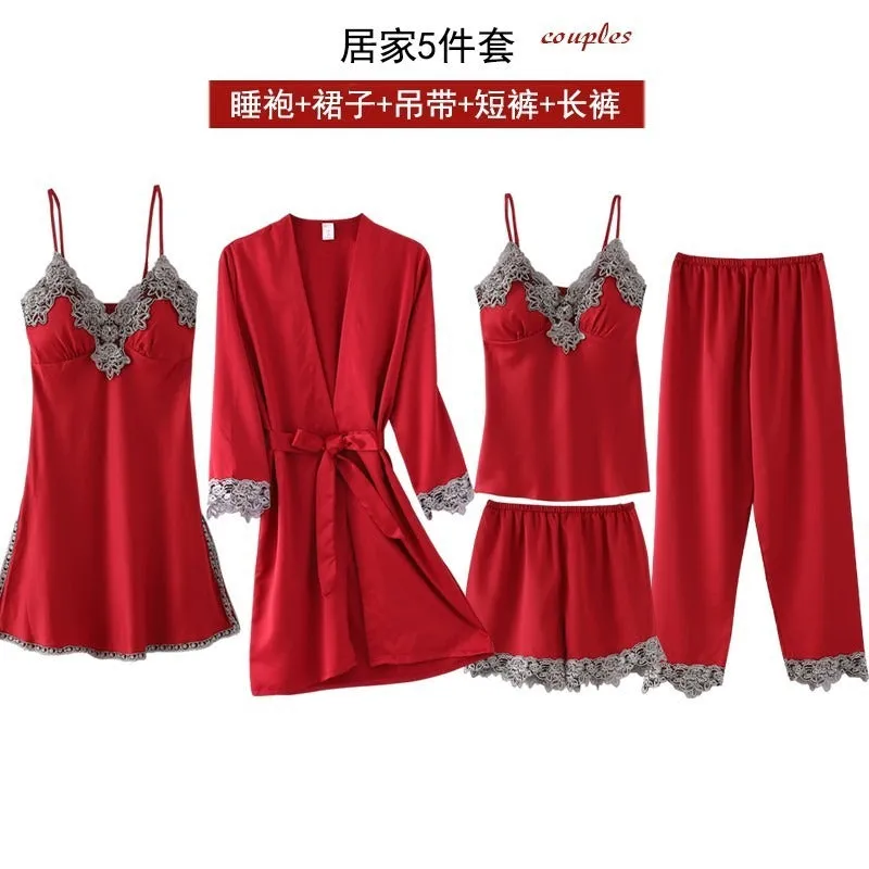 French Pajamas Spring And Summer Thin Ice Silk Nightdress Five-piece Suit