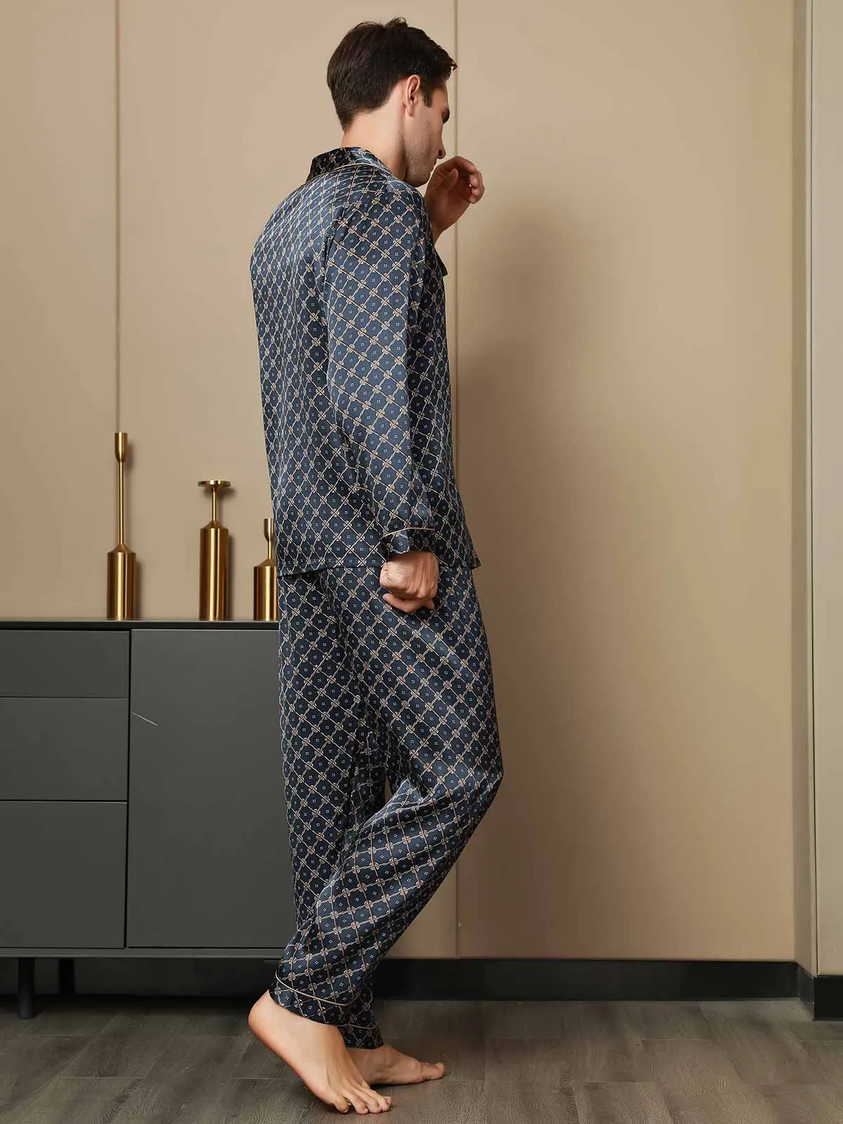 Gedrukt Lapel Heren Moerbei Zijde Pyjamas