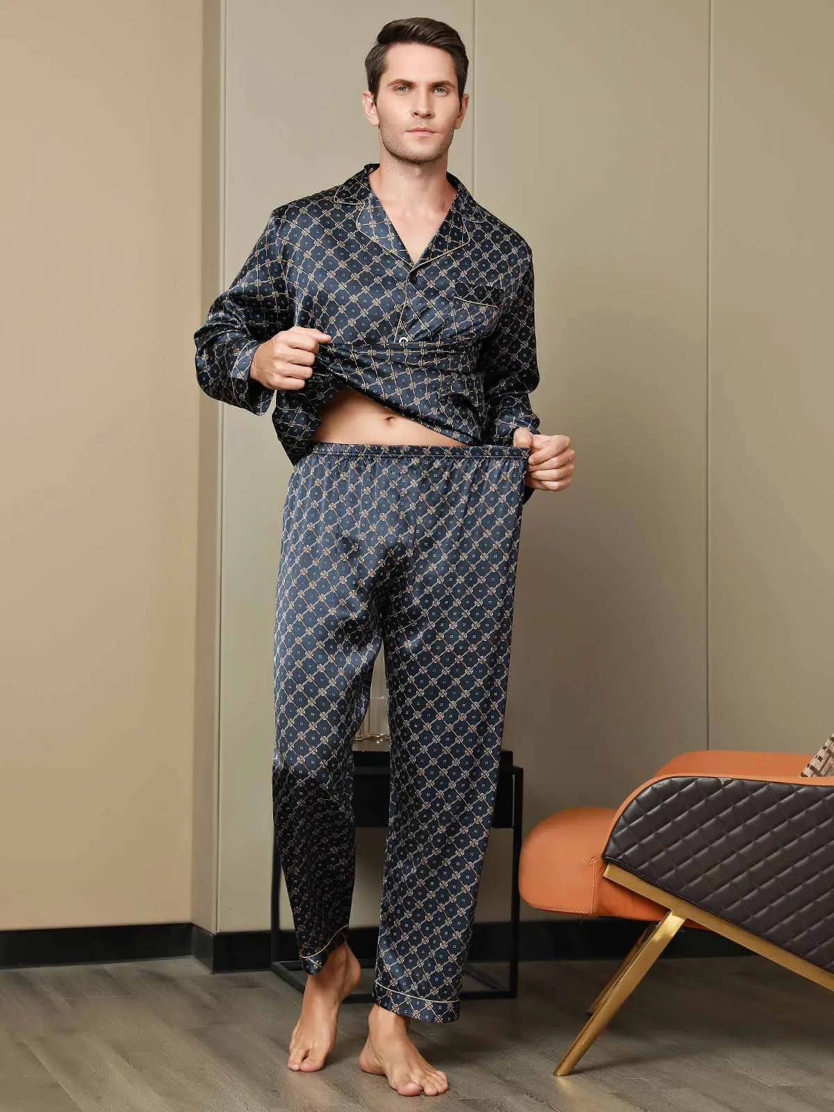Gedrukt Lapel Heren Moerbei Zijde Pyjamas