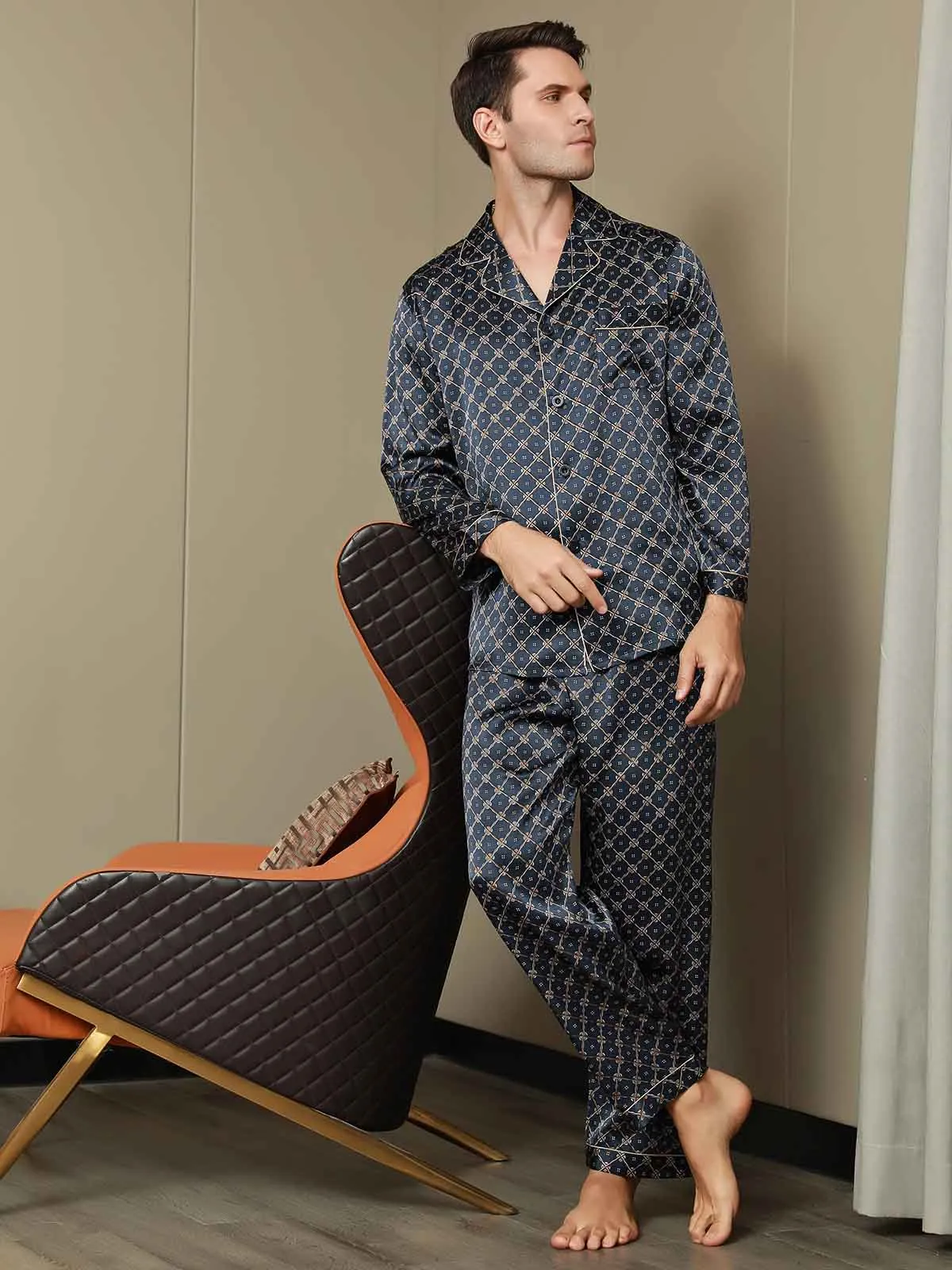Gedrukt Lapel Heren Moerbei Zijde Pyjamas