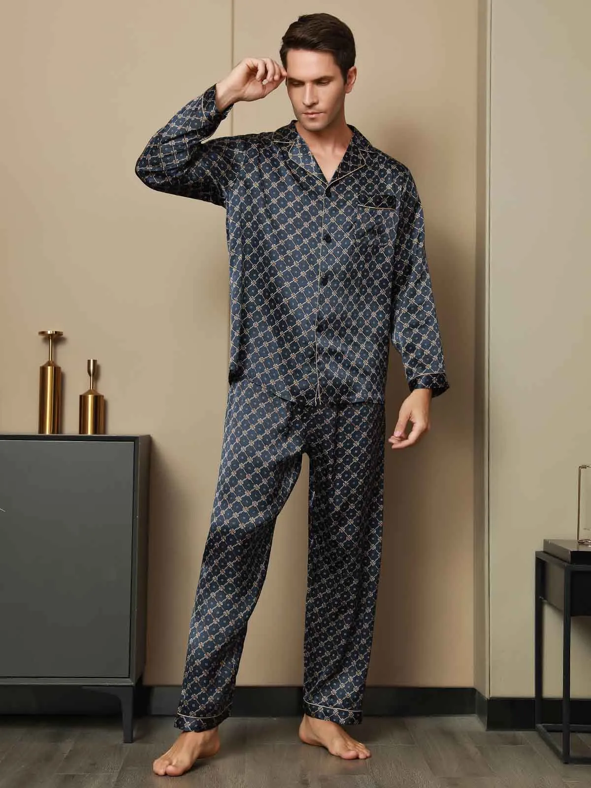 Gedrukt Lapel Heren Moerbei Zijde Pyjamas