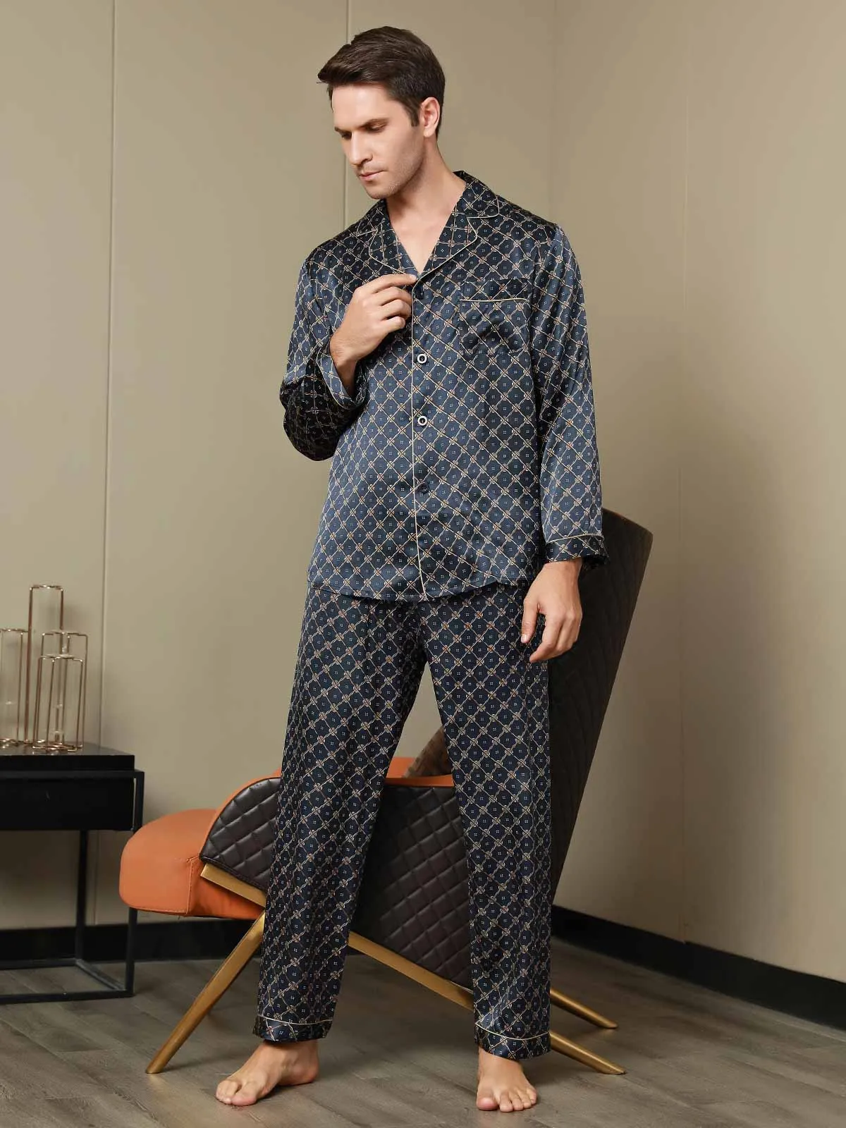 Gedrukt Lapel Heren Moerbei Zijde Pyjamas