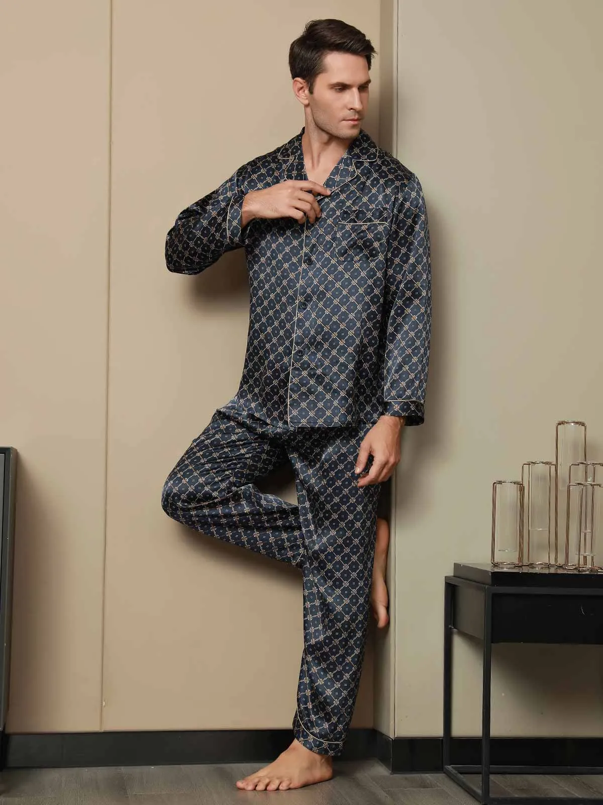 Gedrukt Lapel Heren Moerbei Zijde Pyjamas