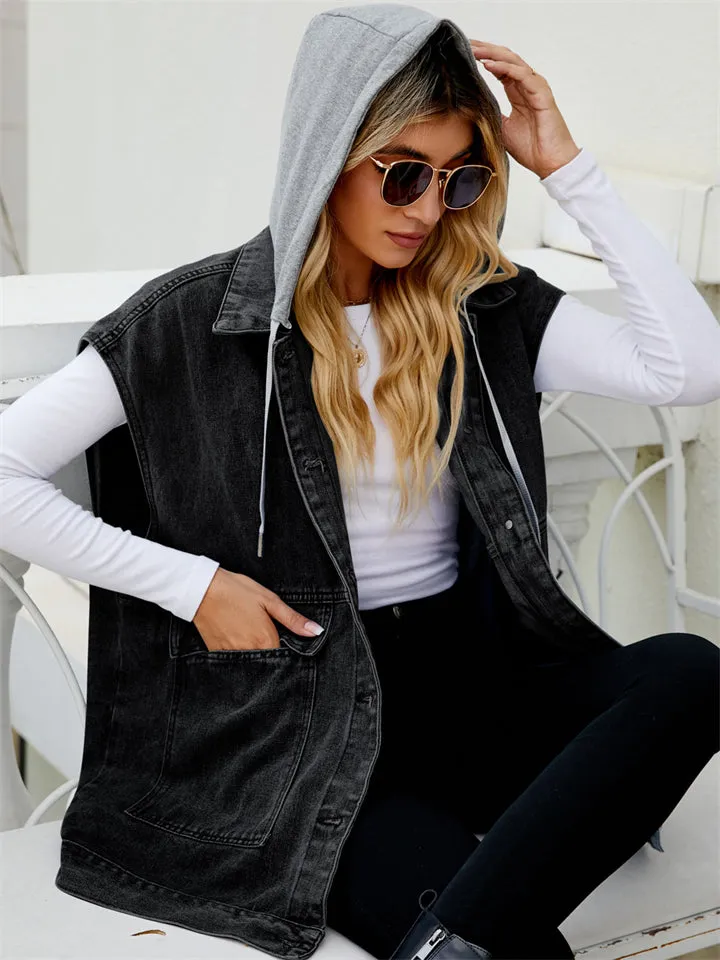 Girl's Summer Button Down Sleeveless Hooded Denim Vest