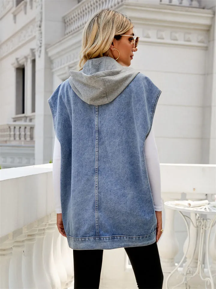 Girl's Summer Button Down Sleeveless Hooded Denim Vest