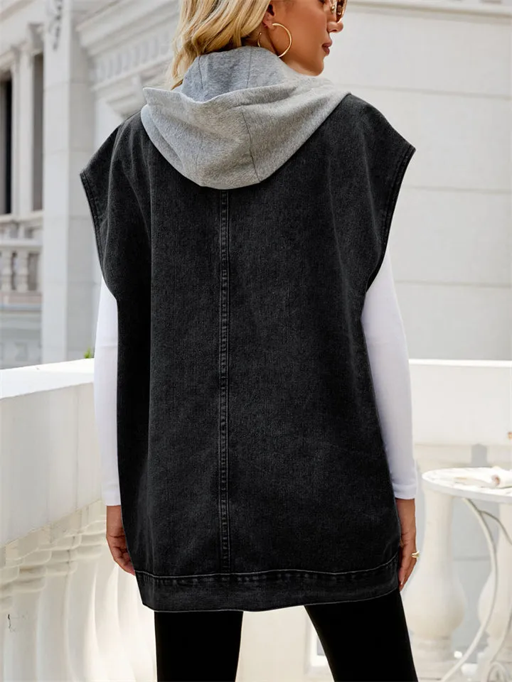 Girl's Summer Button Down Sleeveless Hooded Denim Vest