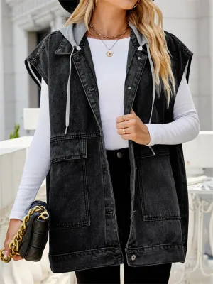 Girl's Summer Button Down Sleeveless Hooded Denim Vest