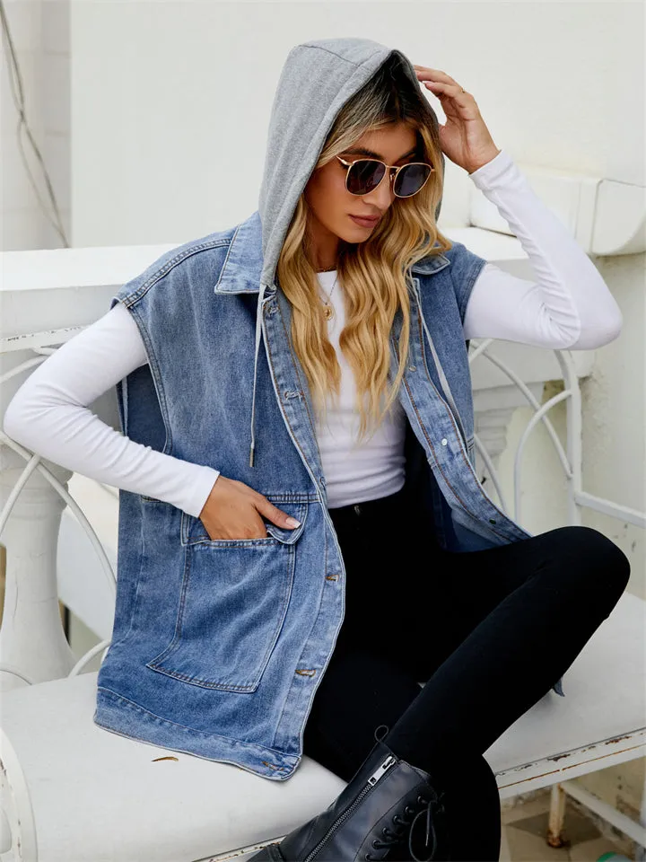 Girl's Summer Button Down Sleeveless Hooded Denim Vest