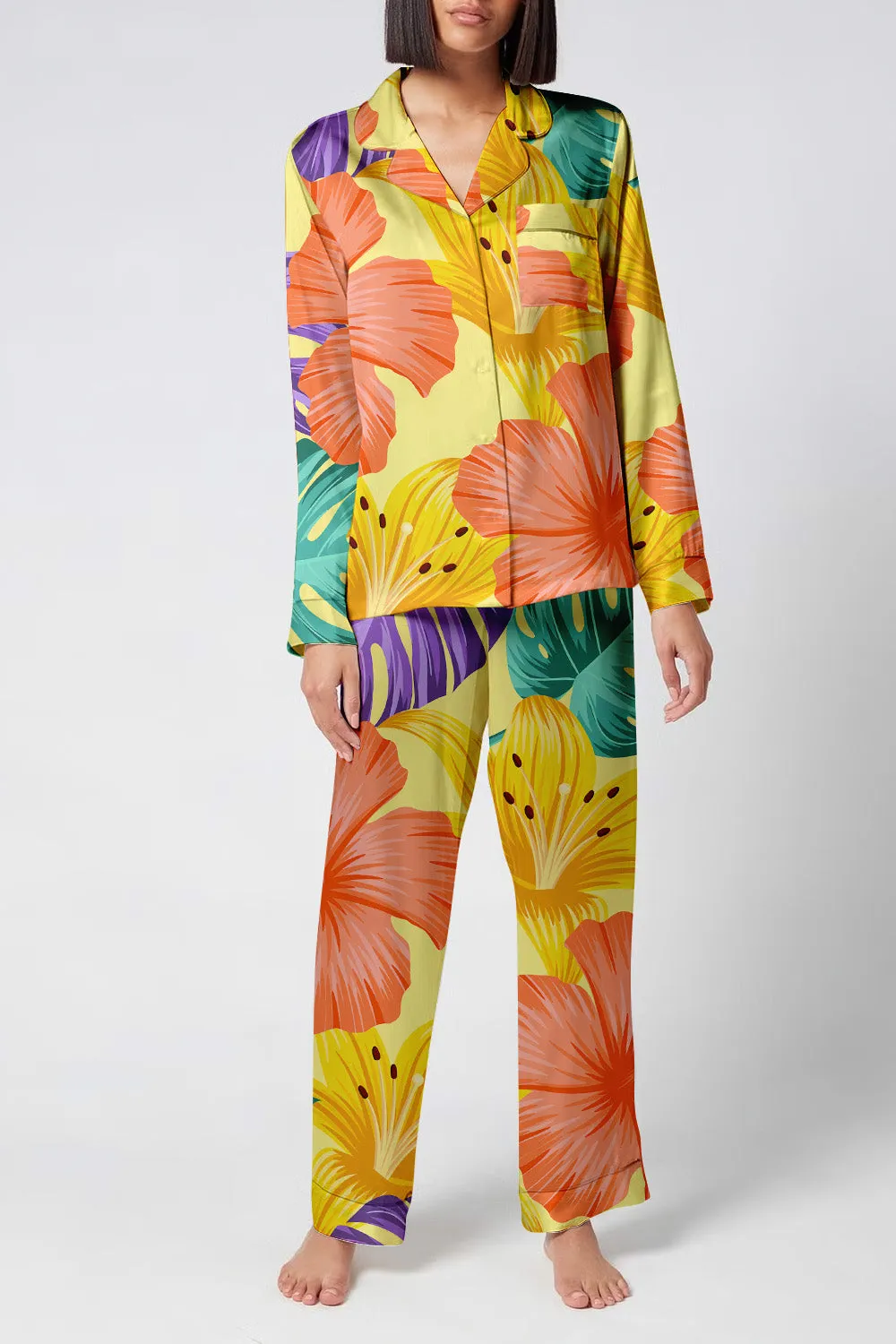 Golden Bloom – Sunshine Tropic Satin Pajama Set