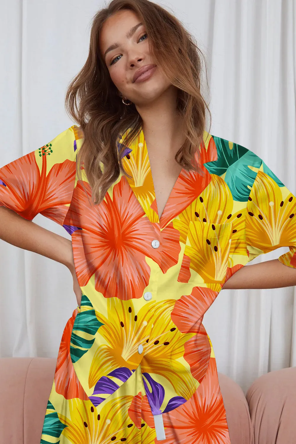 Golden Bloom – Sunshine Tropic Satin Pajama Set