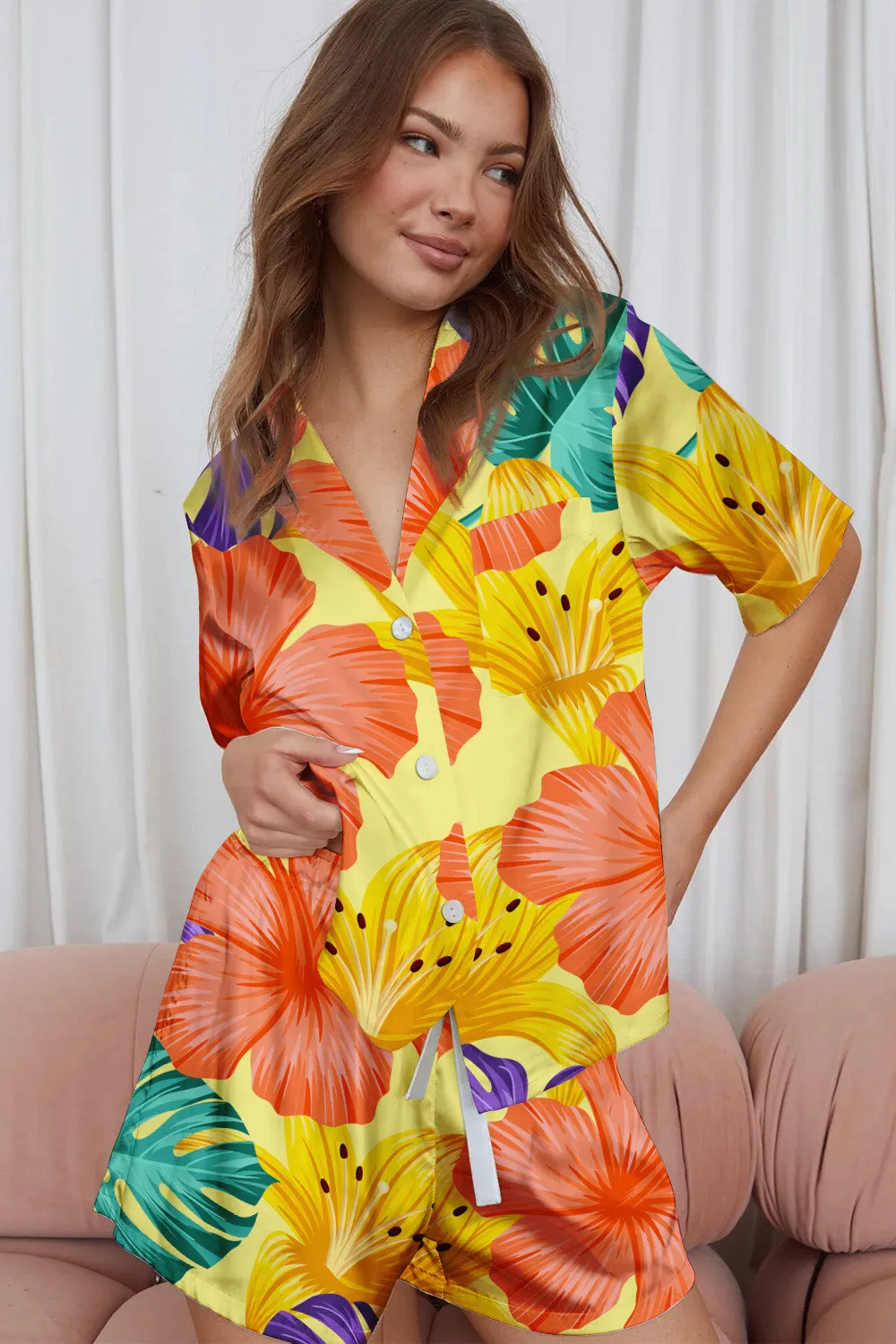 Golden Bloom – Sunshine Tropic Satin Pajama Set