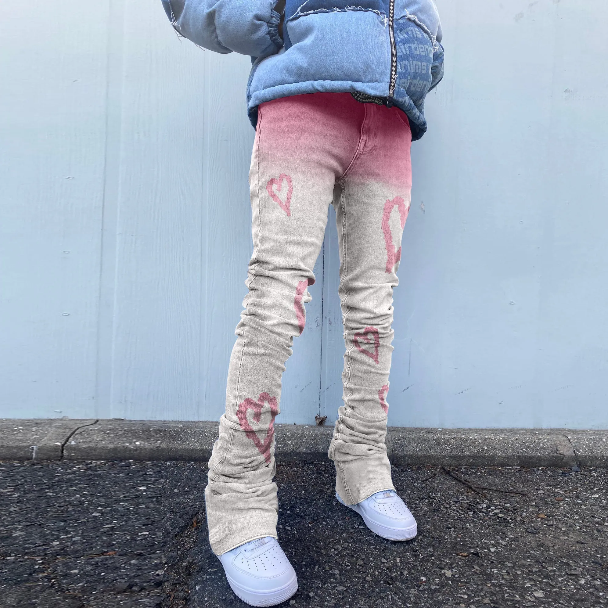 Gradient Heart Print Jeans Straight-Leg Loose Trousers