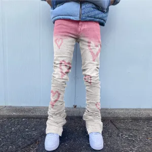 Gradient Heart Print Jeans Straight-Leg Loose Trousers