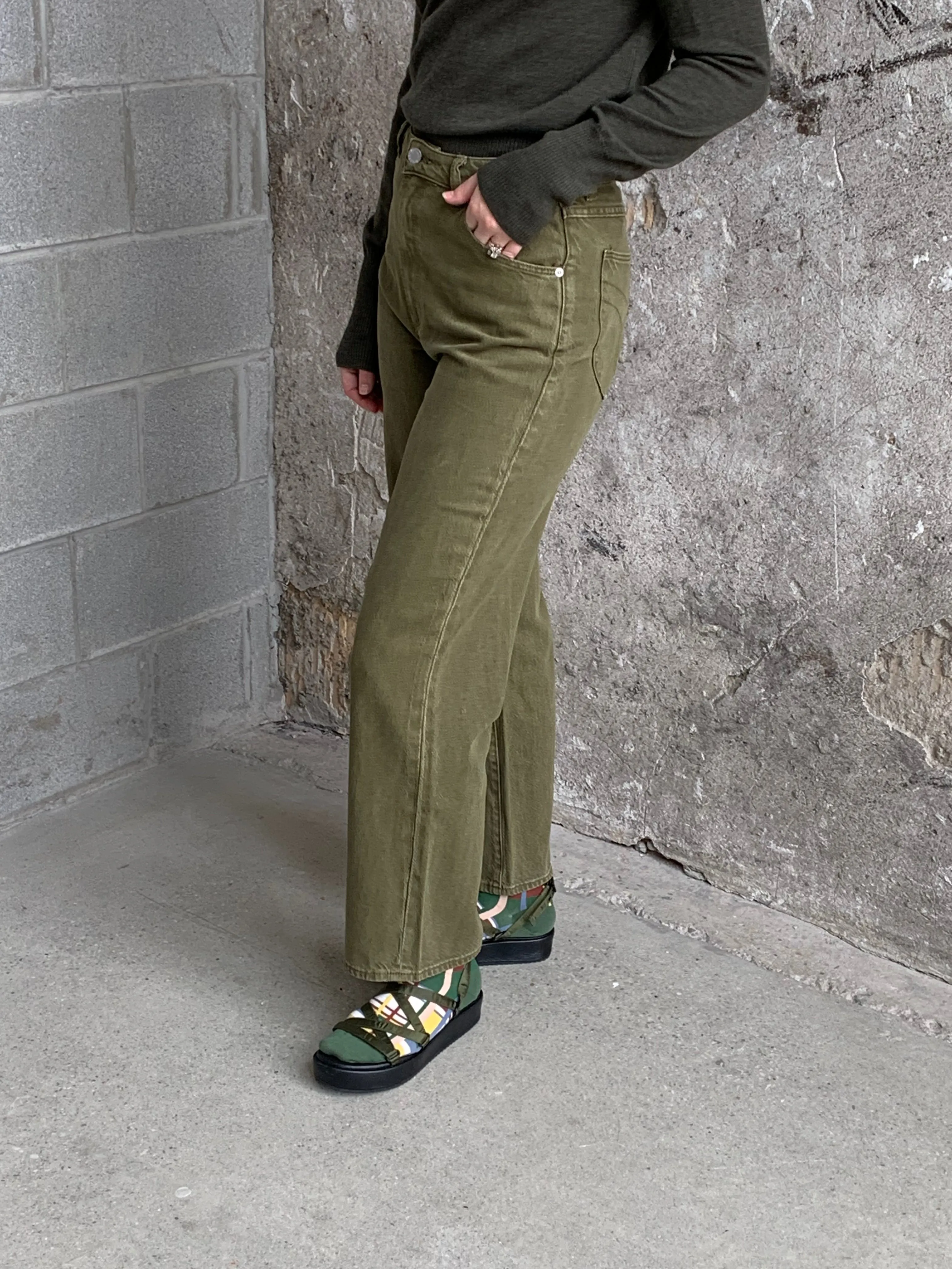 green loose straight jeans