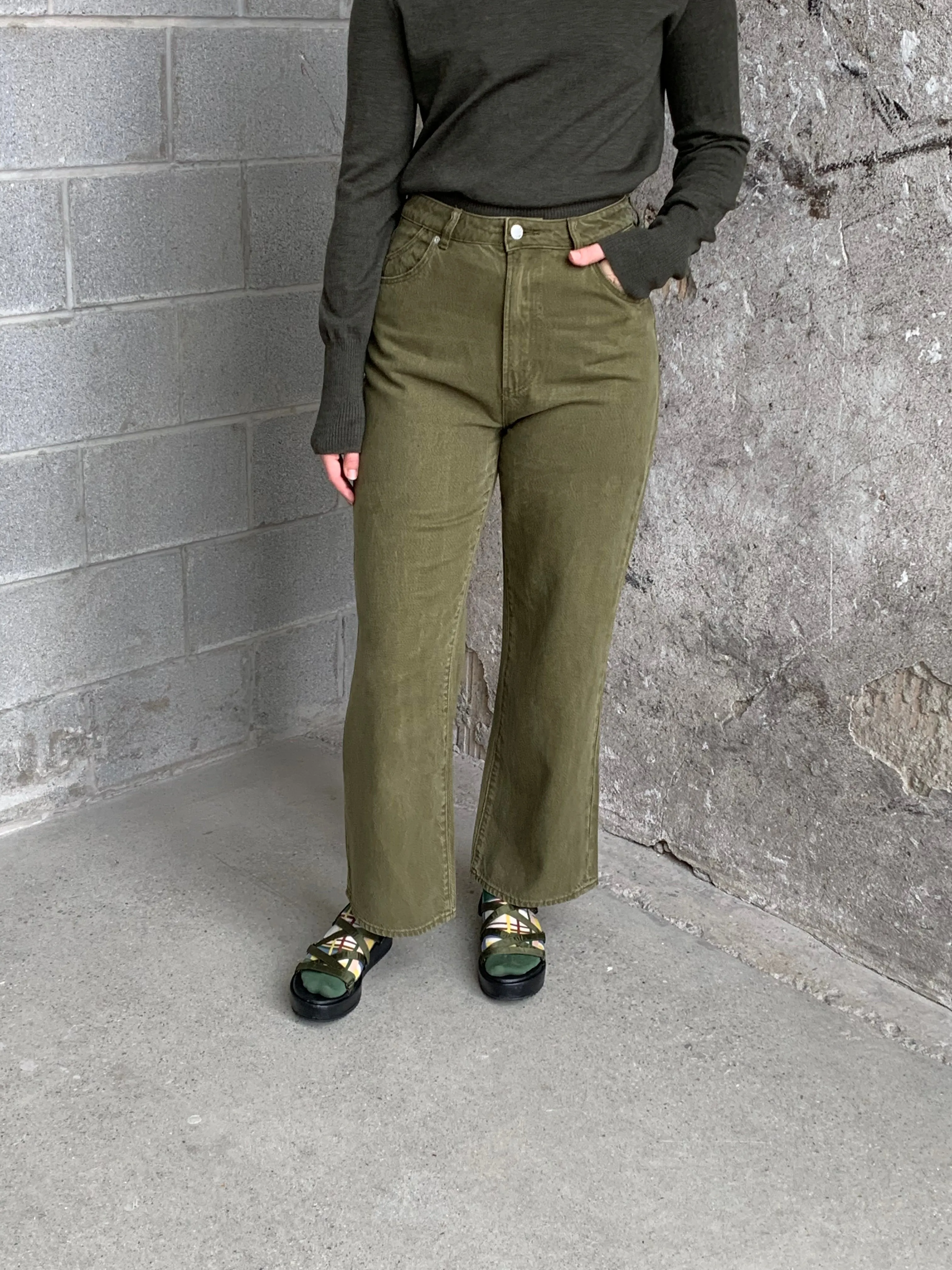 green loose straight jeans