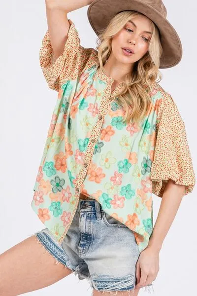 Hazel Blues® |  SAGE FIG Button Down Bubble Sleeves Shirt