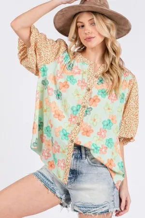 Hazel Blues® |  SAGE FIG Button Down Bubble Sleeves Shirt
