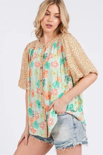 Hazel Blues® |  SAGE FIG Button Down Bubble Sleeves Shirt