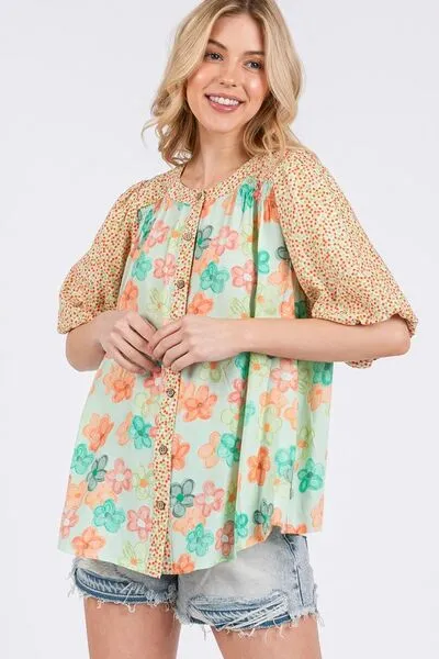 Hazel Blues® |  SAGE FIG Button Down Bubble Sleeves Shirt
