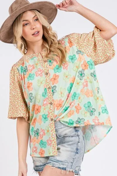 Hazel Blues® |  SAGE FIG Button Down Bubble Sleeves Shirt
