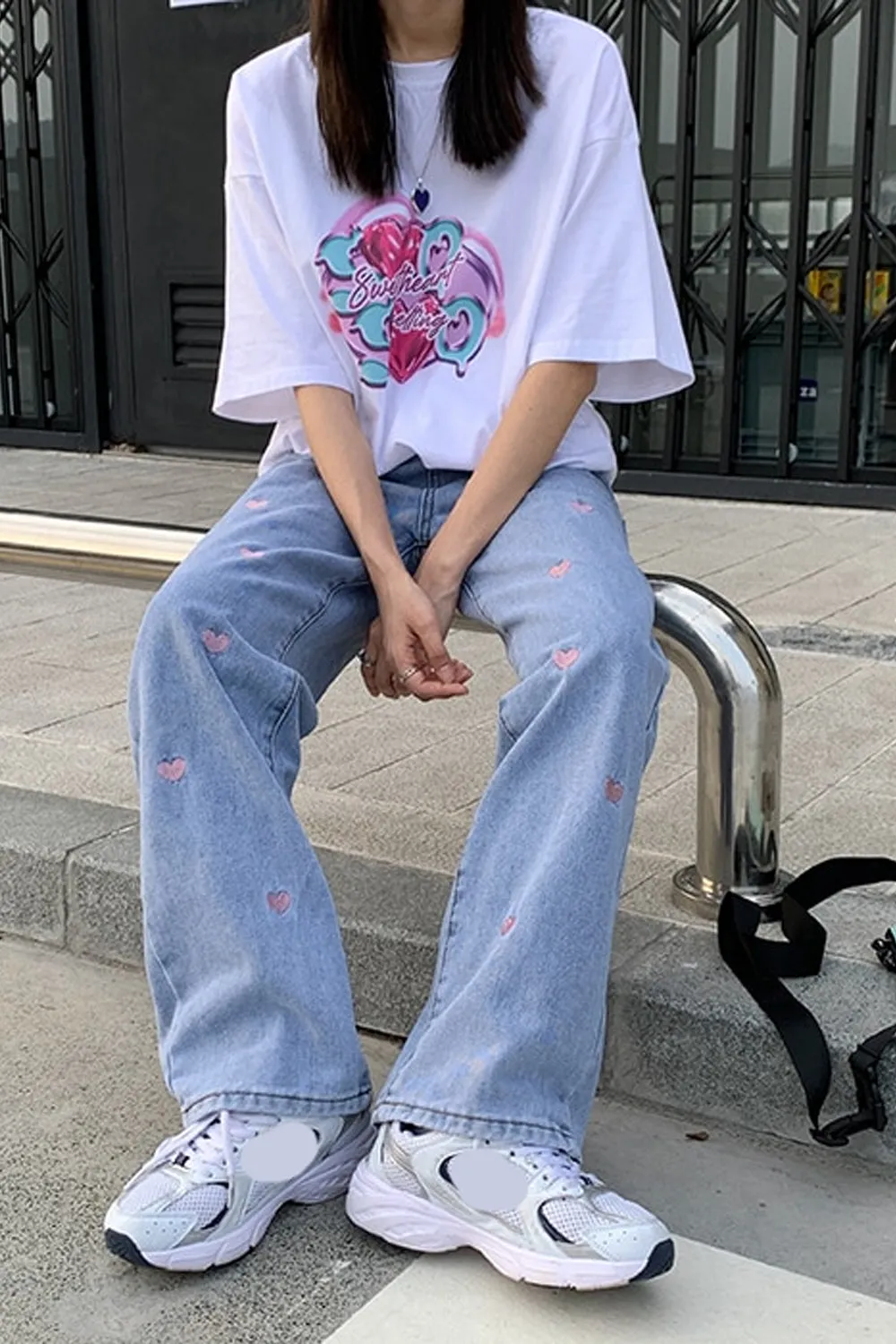 Heart Shape Embroidery Long Jeans Pants