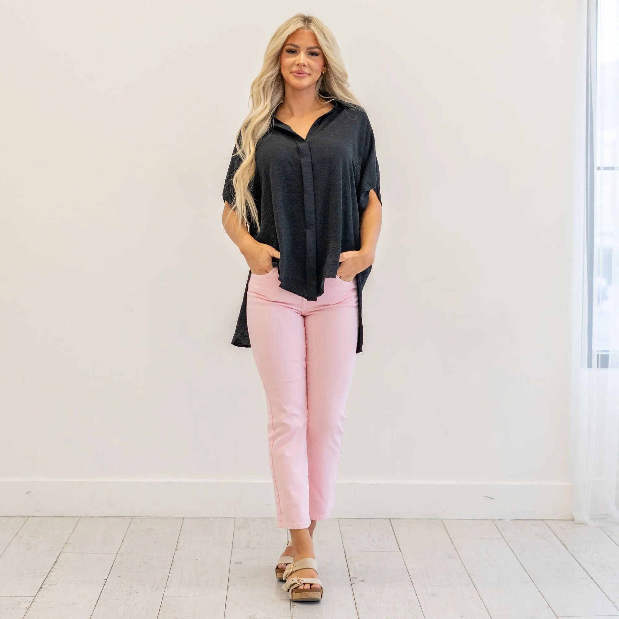 High-Low Button Up Short Sleeve Shirt Regular & Plus Sizes