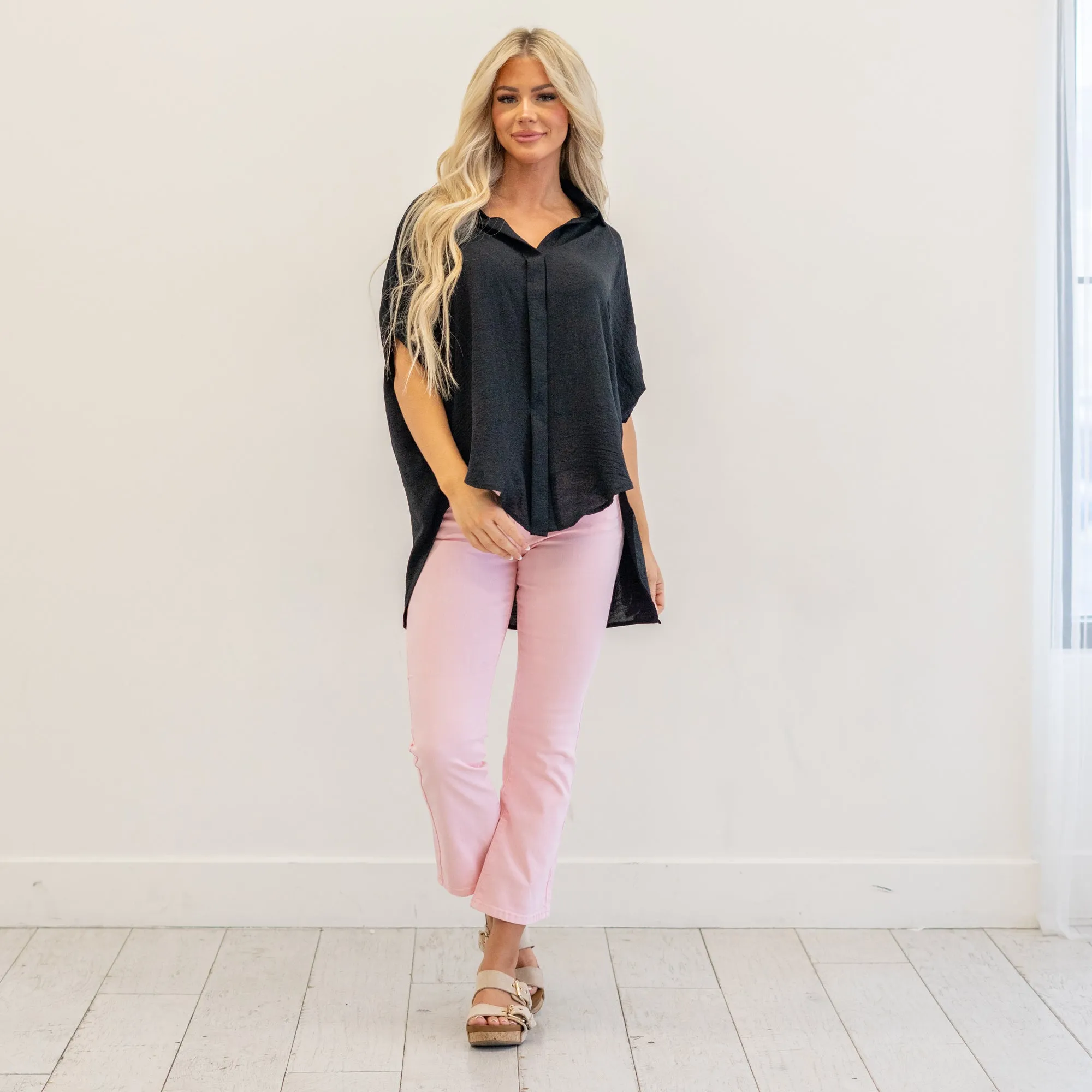 High-Low Button Up Short Sleeve Shirt Regular & Plus Sizes