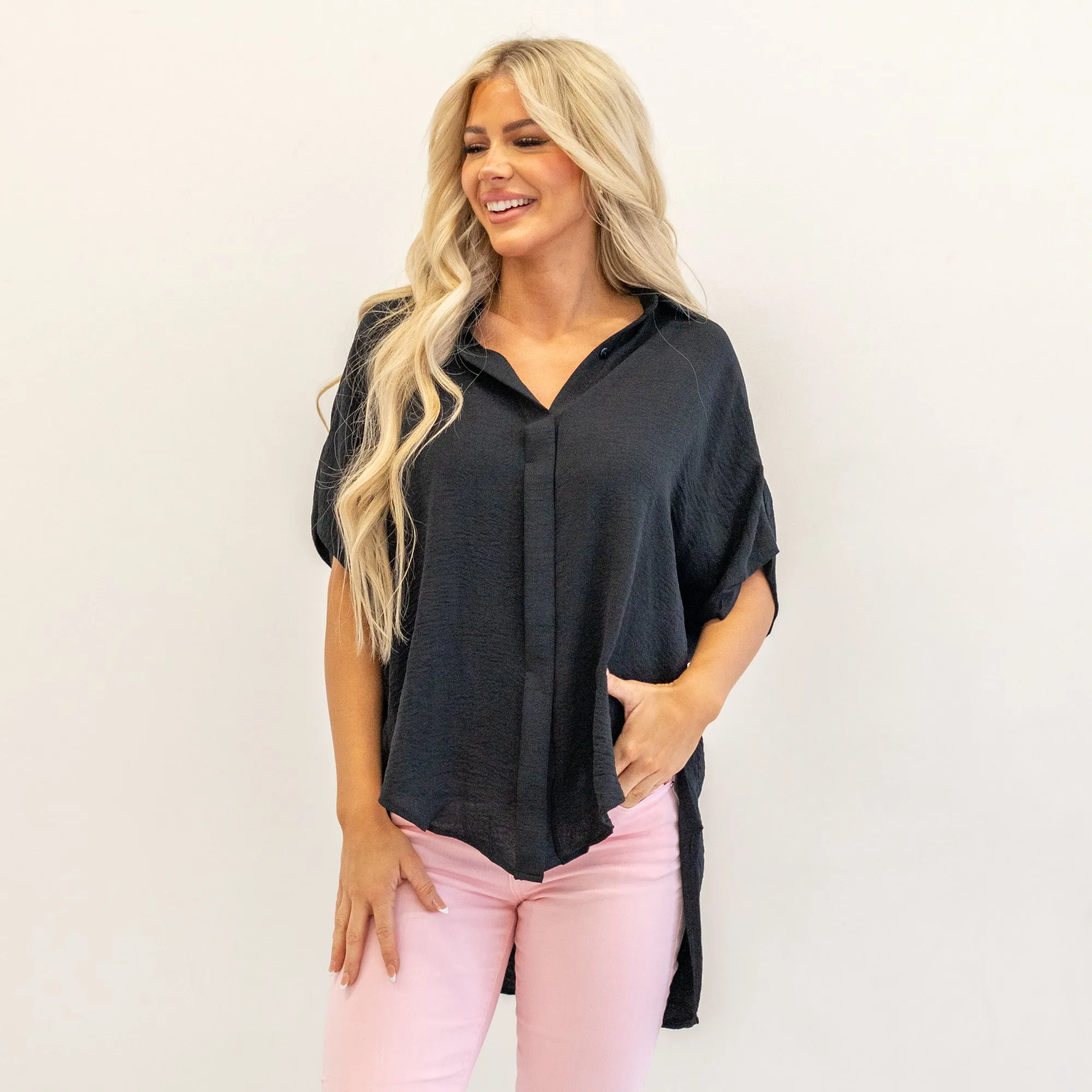 High-Low Button Up Short Sleeve Shirt Regular & Plus Sizes