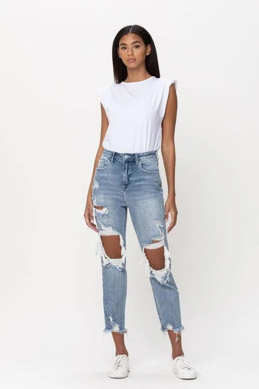 High Rise Distress Light Blue Crop Straight