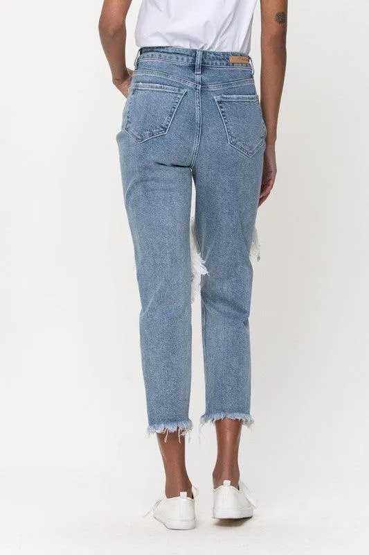 High Rise Distress Light Blue Crop Straight
