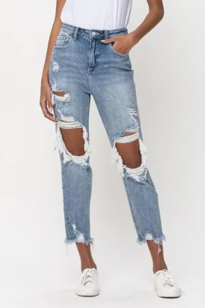 High Rise Distress Light Blue Crop Straight