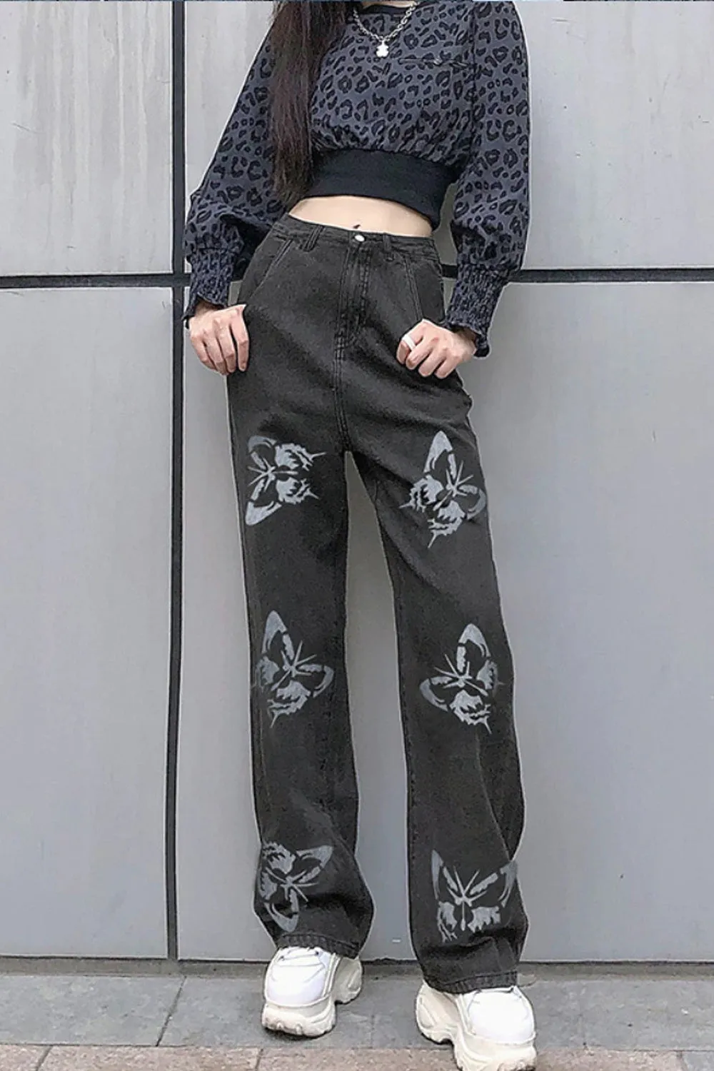 High Waist Butterfly Printed Loose Jeans Pants