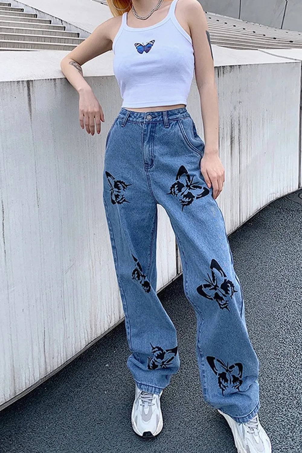 High Waist Butterfly Printed Loose Jeans Pants