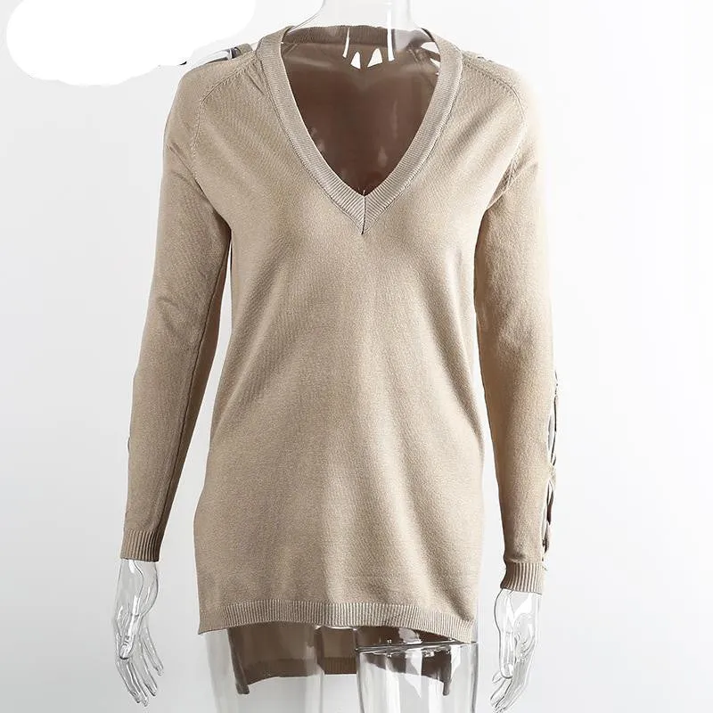 Hollow out split sweater women v neck cross sleeve knitted pullover christmas chic black party tops female